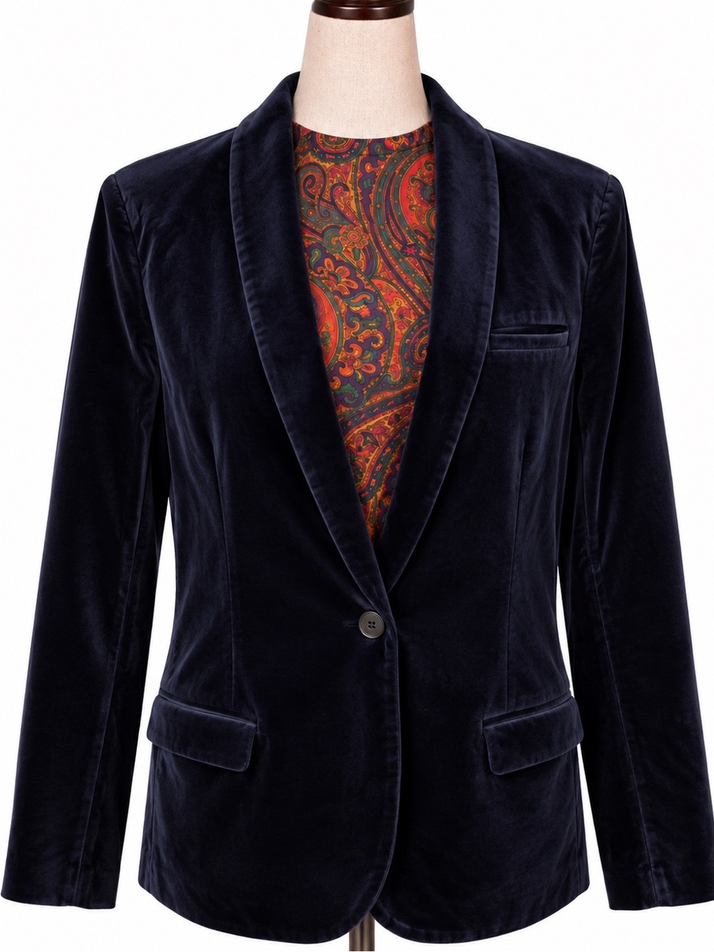 NWT- NYDJ blue velvet tuxedo blazer. mod collar lapel, Fall layer jacket L